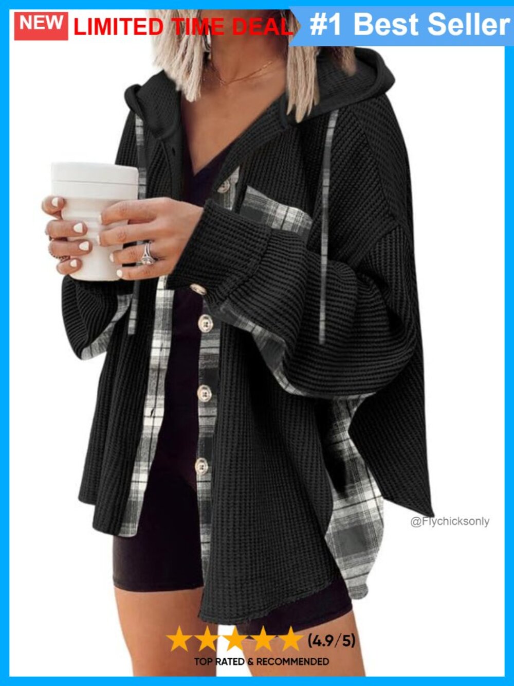 Waffle Knit Plaid Shacket Hooded Button Down Shirt Jacket
